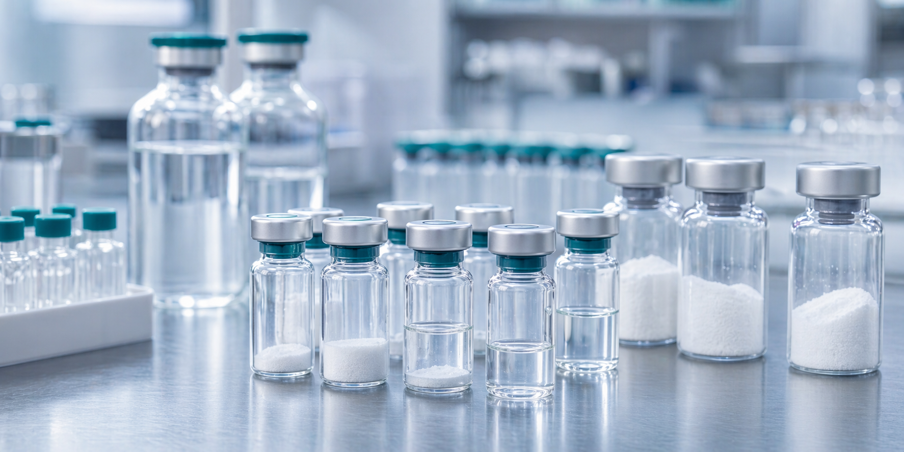 Peptide vials and API containers on a clean pharmaceutical lab bench