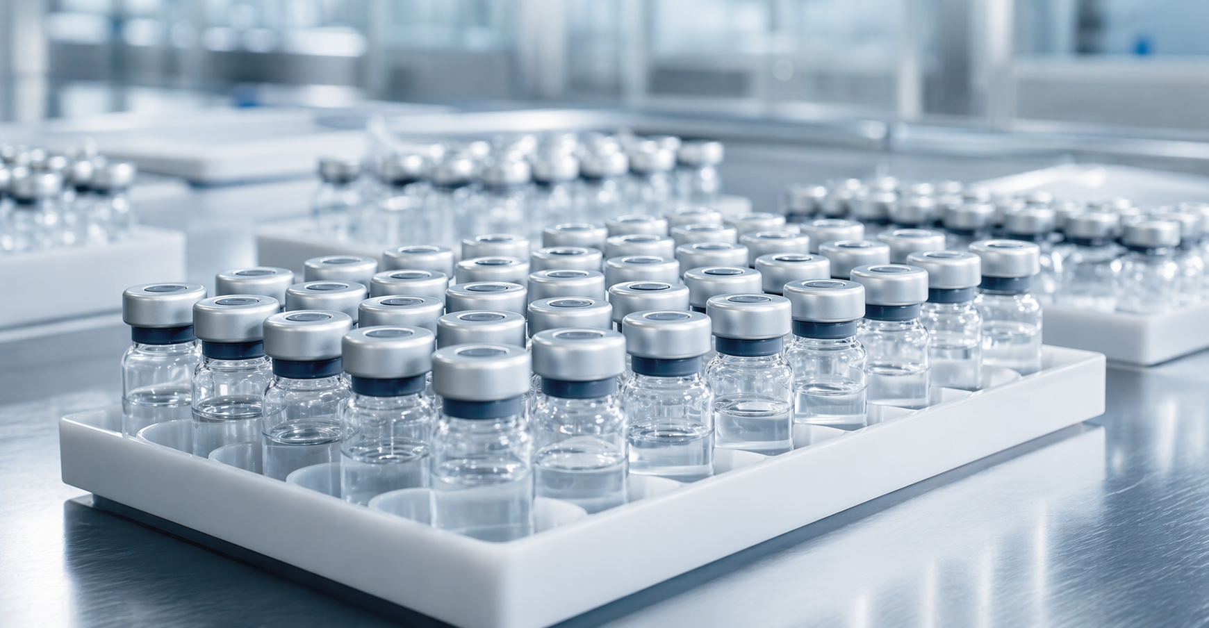 Small pharmaceutical vials arranged in clean trays for API supply support