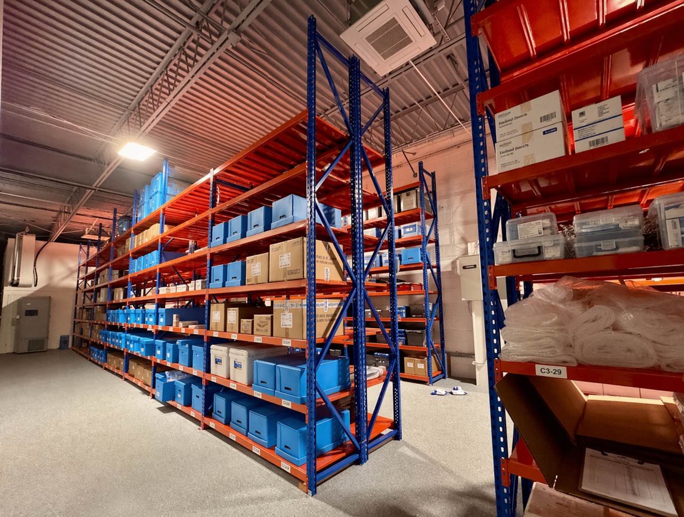 Warehouse shelving and stored inventory